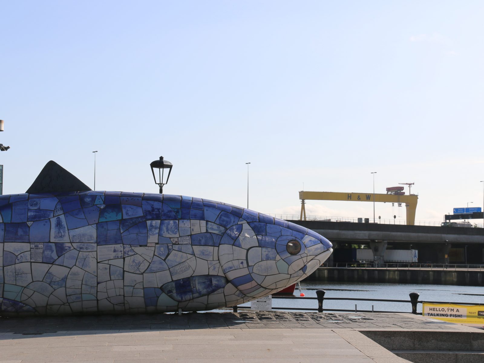 Fish statue with Samson/Goliath crane in background